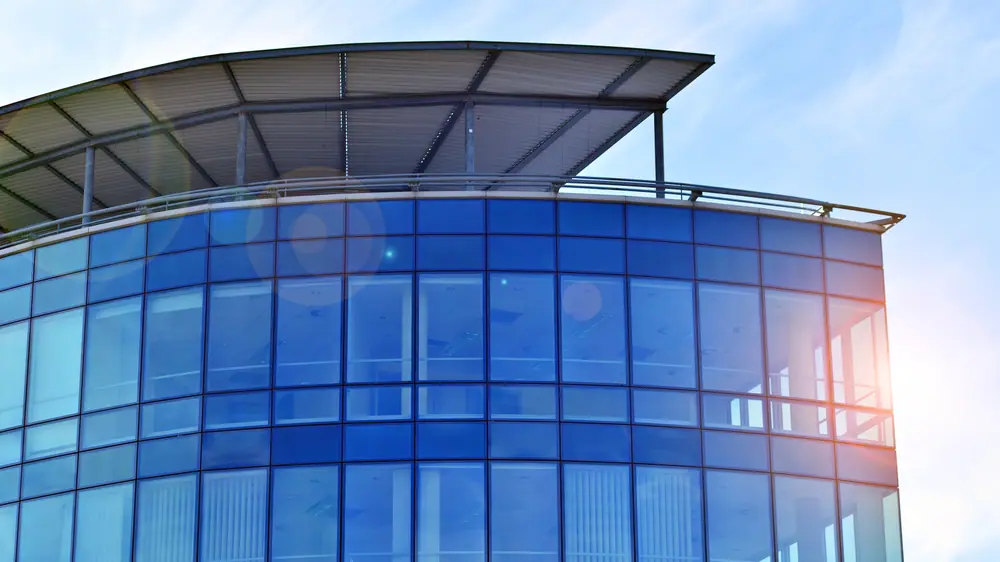 Commercial window tint on a modern Denton office building