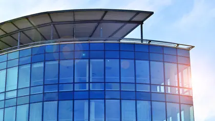 Modern Denton commercial building with tinted glass office windows